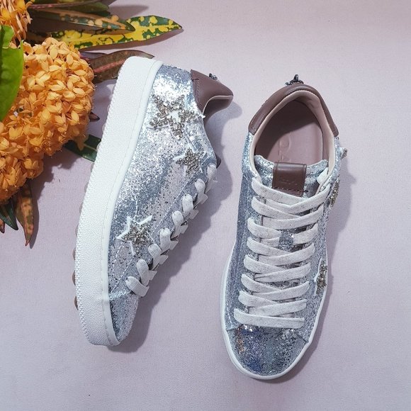 COACH STAR EMBELLISHED GLITTER & LEATHER SNEAKERS - Picture 1 of 14